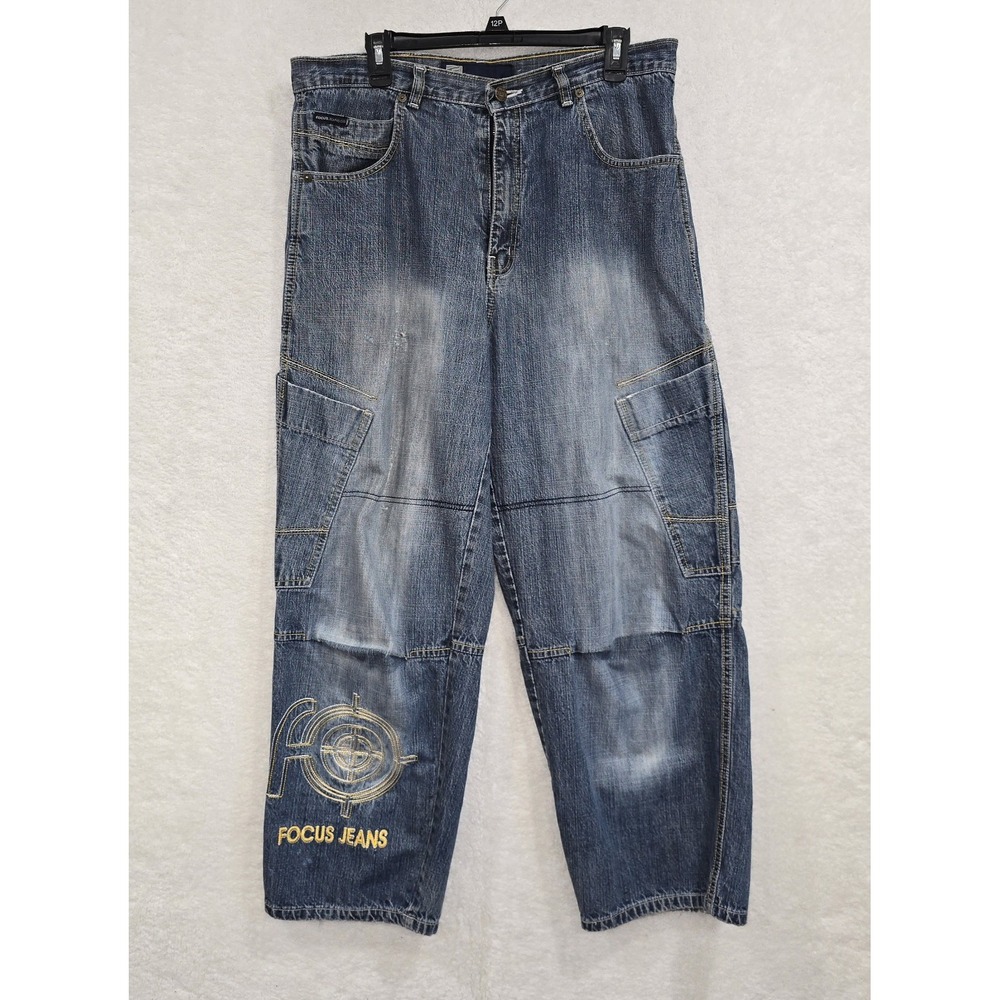 Vintage Y2K Focus Jeans Men's Blue Size 34×30 Baggy Grunge Cargo Denim Pants‎